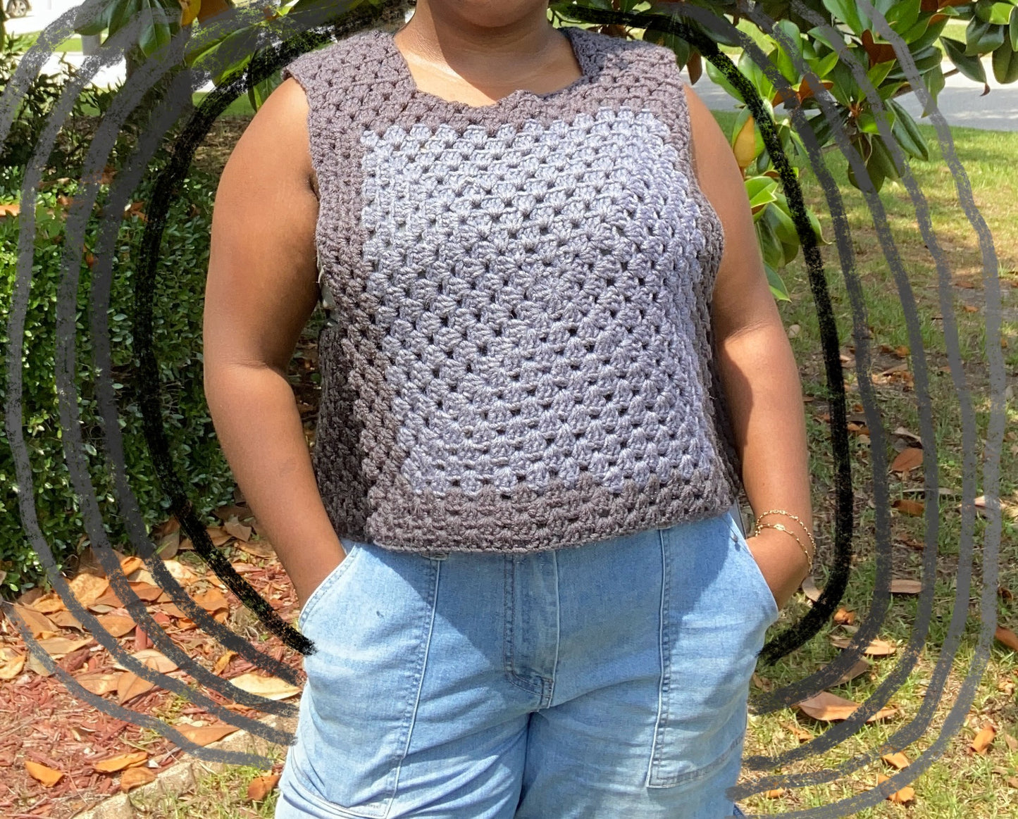 Grey & Black Granny Square Vest
